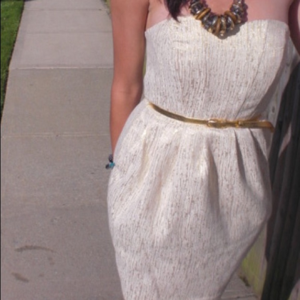 H&M Classy Gold Strapless Cocktail Dress with Belt & Pockets - Size 4 - Picture 2 of 9